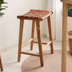 Kave Home Barkruk Leer / Kunstleer|Barkruk Calixta Hout en Leder (zithoogte 67cm)