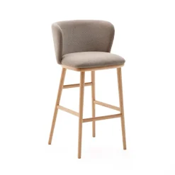 Kave Home Barkruk Met Rugleuning|Barkruk Ciselia Chenille en essenhout (zithoogte 75cm)