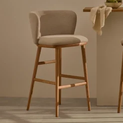 Kave Home Barkruk Met Rugleuning|Barkruk Ciselia Chenille en essenhout (zithoogte 75cm)