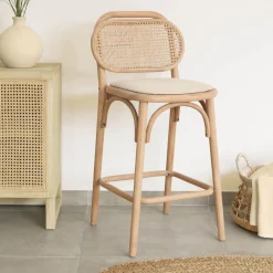 Kave Home Barkruk Met Rugleuning|Barkruk Doriane Eikenhout en Rotan (zithoogte 65cm)