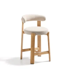 Kave Home Barkruk Met Rugleuning|Barkruk Granite Chenille en naturel essenhout (zithoogte 65cm)