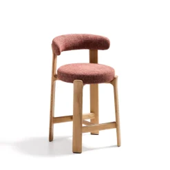 Kave Home Barkruk Met Rugleuning|Barkruk Granite Chenille en naturel essenhout (zithoogte 65cm)