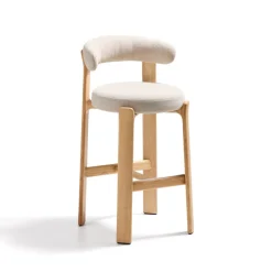 Kave Home Barkruk Met Rugleuning|Barkruk Granite Chenille en naturel essenhout (zithoogte 75cm)