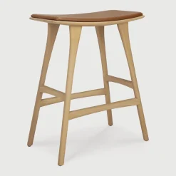 Ethnicraft Barkruk Leer / Kunstleer|Barkruk Osso Hout en Leder (zithoogte 67cm)