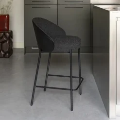 Dutchbone Barkruk Met Rugleuning|Barkruk Rodin Essenhout en Bouclé, kleur (zithoogte 65cm) Zwart