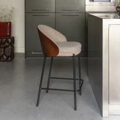 Dutchbone Barkruk Met Rugleuning|Barkruk Rodin Essenhout en stof, kleur (zithoogte 65cm) Beige