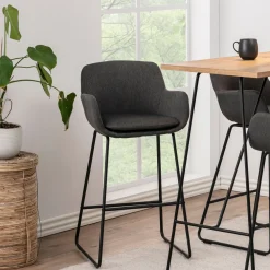 Bendt Barkruk Met Rugleuning|Barkruk Leer / Kunstleer|Barkruk Svend met armleuning (zithoogte 76cm) Donkergrijs