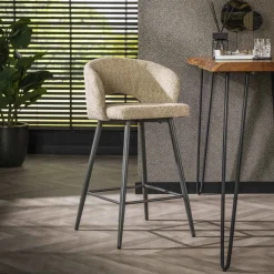 LifestyleFurn Barkruk Met Rugleuning|Barstoel Arnie Bouclé (zithoogte 69cm) Zand