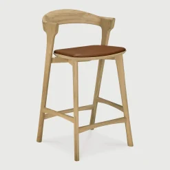 Ethnicraft Barkruk Met Rugleuning|Barkruk Leer / Kunstleer|Barstoel Bok Gevernist Eikenhout en leder, kleur Cognac