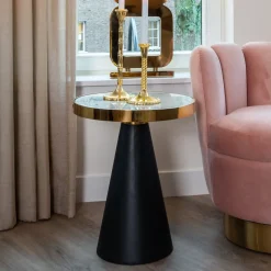 Richmond Interiors Zwarte Bijzettafel|Ronde Bijzettafel|Bijzettafel Odin Ø45cm, Wit Marmer / / Zwart Goud