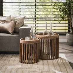 LifestyleFurn Bijzettafels Set|Ronde Bijzettafel|Bijzettafel Twiggy Mangohout, Set van 2 stuks Massief mango zandkleur