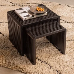 WOOOD Bijzettafels Set|Bijzettafel Willa Set van 2 stuks, Teakhout, kleur Zwart Bruin