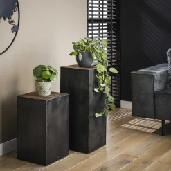 LifestyleFurn Zwarte Bijzettafel|Bloemenzuil Raft Robuust hardhout