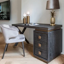 Richmond Interiors Bureaus|Bureau Hunter Eiken, kleur Zwart, 150cm Goud