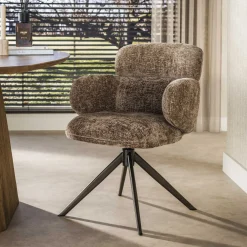 LifestyleFurn Eetkamerstoelen Met Armleuning|Draaibare Eetkamerstoel Kerek Hoven stof en bruin staal, kleur Champagne