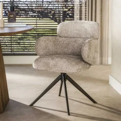 LifestyleFurn Beige Eetkamerstoelen|Eetkamerstoelen Met Armleuning|Draaibare Eetkamerstoel Kerek Hoven stof en bruin staal, kleur Zand