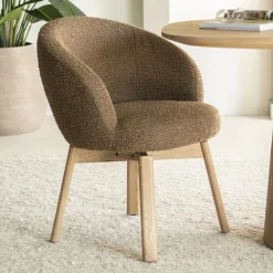 Eleonora Beige Eetkamerstoelen|Eetkamerstoelen Bouclé / Teddy|Draaibare Eetkamerstoel Livia Bouclé en eikenhout