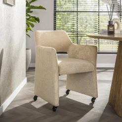 LifestyleFurn Beige Eetkamerstoelen|Eetkamerstoelen Met Armleuning|Draaibare Eetkamerstoel op wielen Elita Jaroq stof, kleur Zand