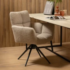 WOOOD Eetkamerstoelen Bouclé / Teddy|Draaibare Eetkamerstoelen|Draaibare Eetkamerstoel Vinny Bouclé met armleuning, kleur Zand Taupe