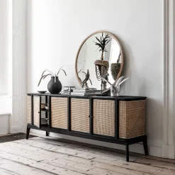 MUST Living Dressoirs|Dressoir Raffles Rotan en hout, 213 x 80cm Zwart, Naturel