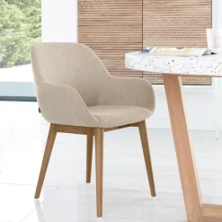 Kave Home Beige Eetkamerstoelen|Eetkamerstoelen Met Armleuning|Eetkamerstoel Konna Met houten onderstel