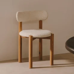 Kave Home Eetkamerstoelen Bouclé / Teddy|Eetkamerstoelen Zonder Armleuning|Eetkamerstoel Nebai Bouclé en eikenhout Wit