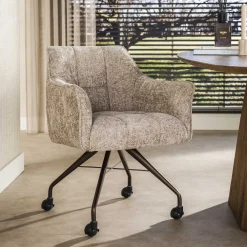 LifestyleFurn Eetkamerstoelen Met Armleuning|Eetkamerstoel op wielen Thandie Hoven stof en bruin onderstel