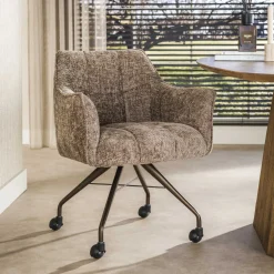 LifestyleFurn Eetkamerstoelen Met Armleuning|Eetkamerstoel op wielen Thandie Hoven stof en bruin onderstel