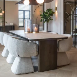 Richmond Interiors Travertin Eettafel|Rechte Eettafel|Eettafel Nando Travertin en eiken Bruin