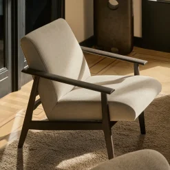 Ethnicraft Fauteuil Stof / Textiel|Fauteuil Aspekt Gevernist Teakhout en stof, kleur Warm Ash Donkerbruin