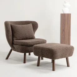 Nohr Fauteuil Stof / Textiel|Fauteuil Bouclé / Teddy|Fauteuil Demone Met voetenbank, Teddy, kleur Bruin