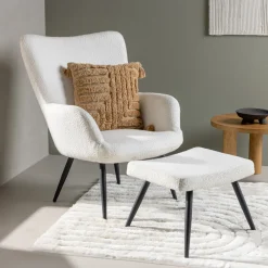 Nohr Fauteuil Stof / Textiel|Fauteuil Bouclé / Teddy|Fauteuil Shaguana Met voetenbank, Bouclé, kleur Wit
