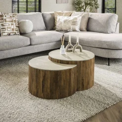 LifestyleFurn Salontafel Set|Travertin Salontafel|Halfronde Salontafel Beckie Mangohout en Keramiek in Travertin-look, Set van 2 stuks Massief mango zandkleur