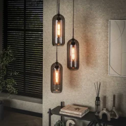 LifestyleFurn Hanglampen|Hanglamp Jaida 3-lamps, smoke-glas Artic zwart