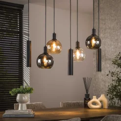 LifestyleFurn Sohome Giftcard|Hanglampen|Hanglamp Janetta Glas en metaal, 4+3-lamps Artic zwart
