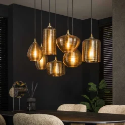 LifestyleFurn Hanglampen|Hanglamp Kirin Glas, 4+3-lamps Amberkleurig glas