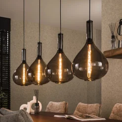 LifestyleFurn Hanglampen|Hanglamp Suki Smoke glas, 4-lamps Artic zwart