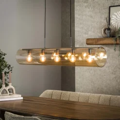 LifestyleFurn Hanglampen|Hanglamp Wessley Amber glas en Artic black, 5-lamps Artic zwart