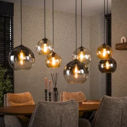 LifestyleFurn Hanglampen|Hanglamp Willaim 7-lamps, Glas, kleur Chroom, Amber en Grijs Artic zwart
