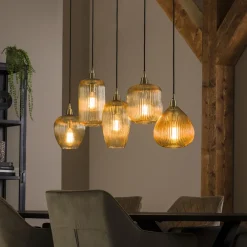 LifestyleFurn Hanglampen|Hanglamp Zarek Glas 5-lamps, kleur Amber Amberkleurig glas