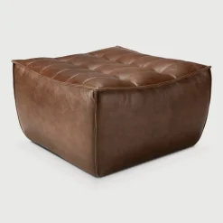 Ethnicraft Poefs & Hockers|Hocker N701 Leder, 70 x 70cm, kleur Chestnut