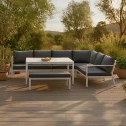 Nohr Loungesets|Hoek Loungeset Brianca Met hoekbank, tafel en bankje, kleur Wit/ Grijs