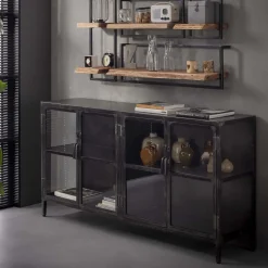 LifestyleFurn Dressoirs|Industrieel Dressoir Rift Metal 180cm met 4 glazen deuren Gun metal