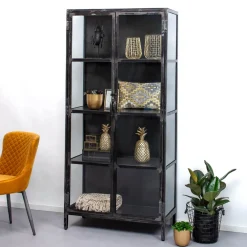 LifestyleFurn Buffetkasten & Vitrinekasten|Industriële Vitrinekast Rift Metal 90 x 190cm Gun metal