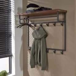 LifestyleFurn Wandkapstokken|Kapstok Amadou Saja notenhout, met 12 haken en plank Massief Saja natural