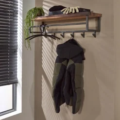 LifestyleFurn Wandkapstokken|Kapstok Amadou Saja notenhout, met 6 haken en plank Massief Saja natural