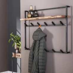 LifestyleFurn Wandkapstokken|Kapstok Cruz Acaciahout en metaal, met 12 haken en plank Massief acacia naturel
