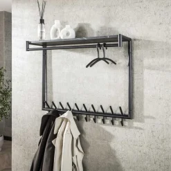 LifestyleFurn Wandkapstokken|Kapstok Letica Met 20 haken en keramieklook plank 3D zwart bruin