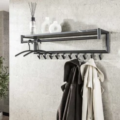 LifestyleFurn Wandkapstokken|Kapstok Letica Met 10 haken en keramieklook plank 3D zwart bruin