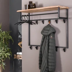LifestyleFurn Wandkapstokken|Kapstok Liona Acaciahout en metaal, met 12 haken en plank Massief acacia naturel